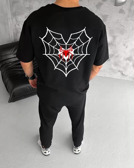 Unisex Bisiklet Yaka Baskılı Oversize T-Shirt - Siyah - Resim 2