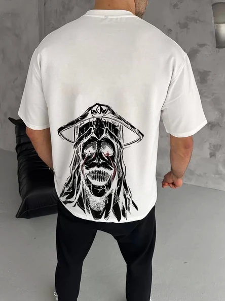 Unisex Bisiklet Yaka Baskılı Oversize T-Shirt - Beyaz - 2