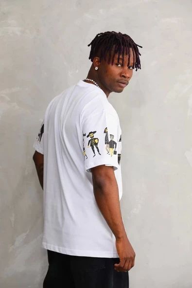 Unisex Bisiklet Yaka Baskılı Oversize T-Shirt - Beyaz - Resim 3