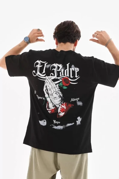 Unisex Bisiklet Yaka Baskılı Oversize T-Shirt - Siyah - Resim 6