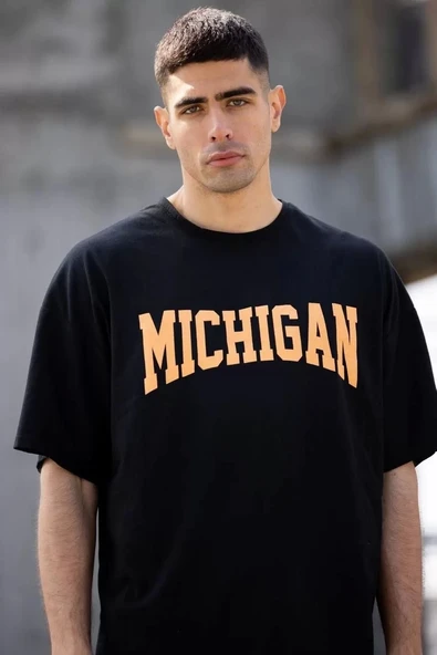 Unisex Bisiklet Yaka Baskılı Oversize T-Shirt - Siyah ürün görseli