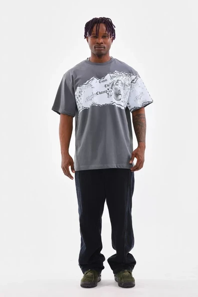 Unisex Bisiklet Yaka Baskılı Oversize T-Shirt - Gri - 2