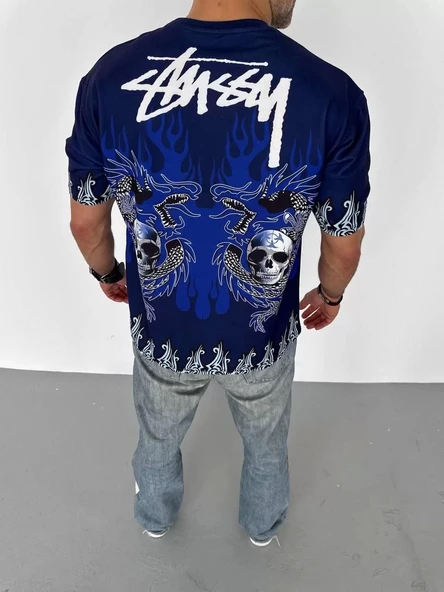 Unisex Bisiklet Yaka Baskılı Oversize T-Shirt - Lacivert - Resim 4