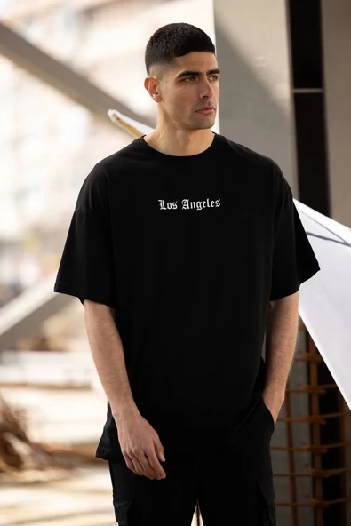 Unisex Bisiklet Yaka Baskılı Oversize T-Shirt - Siyah - Resim 2