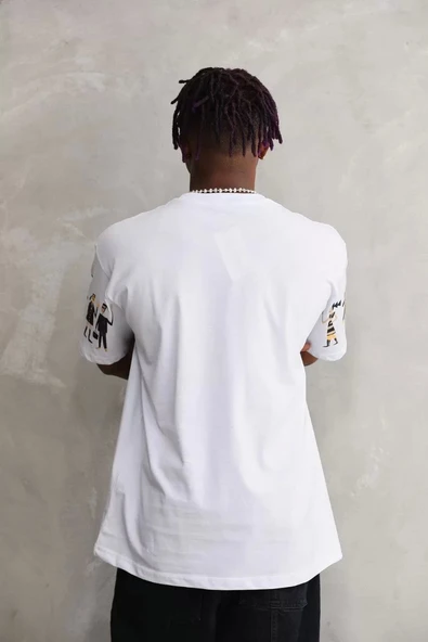 Unisex Bisiklet Yaka Baskılı Oversize T-Shirt - Beyaz - Resim 7