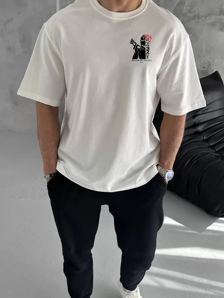 Unisex Bisiklet Yaka Baskılı Oversize T-Shirt - Beyaz ürün görseli