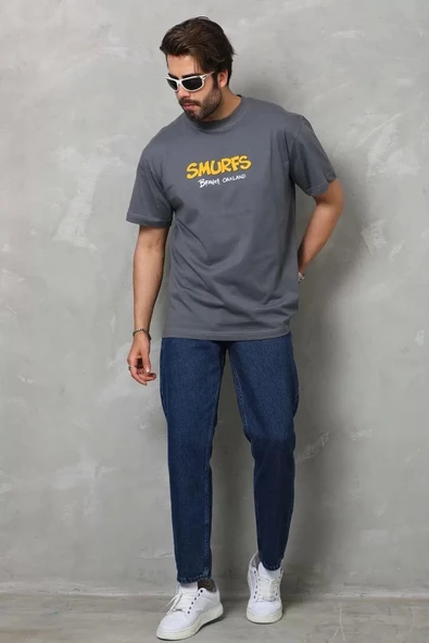 Unisex Basic Bisiklet Yaka Oversize T-Shirt - Füme - Resim 7