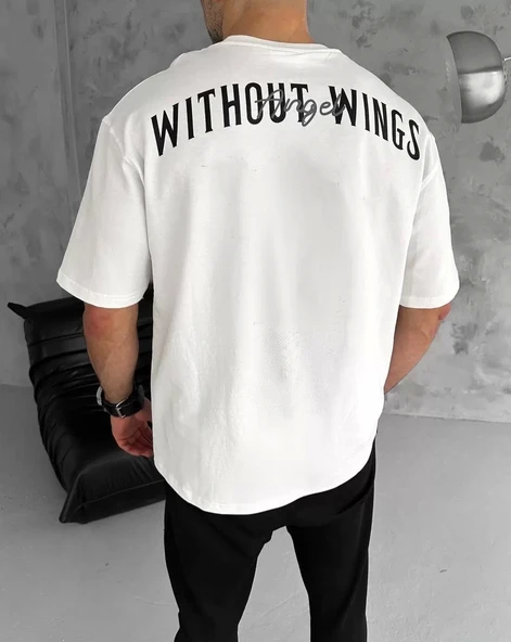 Unisex Bisiklet Yaka Baskılı Oversize T-Shirt - Beyaz - Resim 2