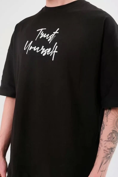 Unisex Bisiklet Yaka Baskılı Oversize T-Shirt - Siyah - 2