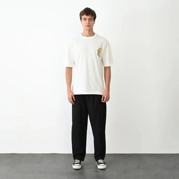 Unisex Bisiklet Yaka Baskılı Oversize T-Shirt - Beyaz - Resim 2