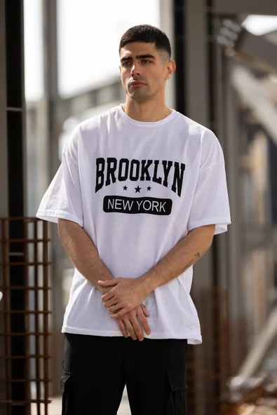 Unisex Bisiklet Yaka Baskılı Oversize T-Shirt - Beyaz - Resim 3