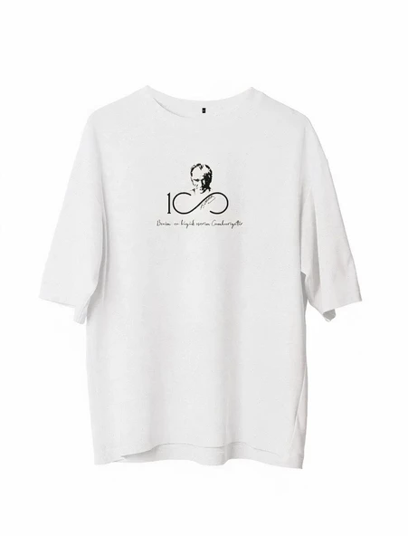 Unisex Bisiklet Yaka Baskılı Oversize T-Shirt - Beyaz ürün görseli