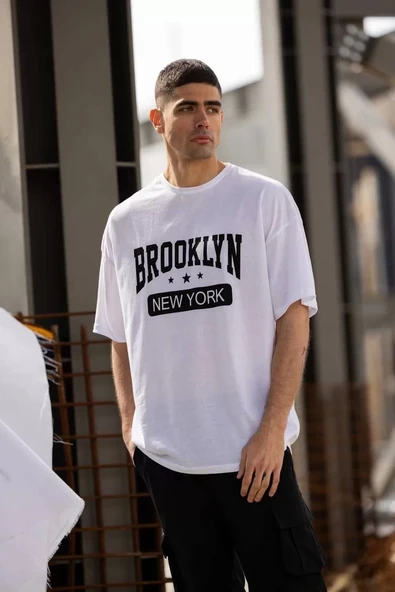 Unisex Bisiklet Yaka Baskılı Oversize T-Shirt - Beyaz - Resim 2