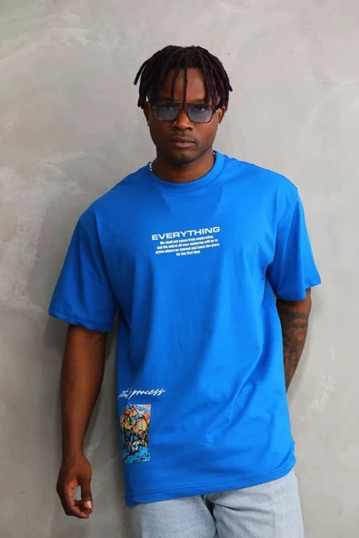 Unisex Bisiklet Yaka Baskılı Oversize T-Shirt - Mavi ürün görseli