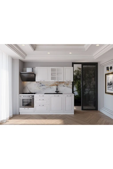 visasconcept 220 Cm Mdf Gövde Mebran Kapak Üç Çekmeceli Gale Hazır Mutfak - Beyaz(TEZGAH DAHİL)