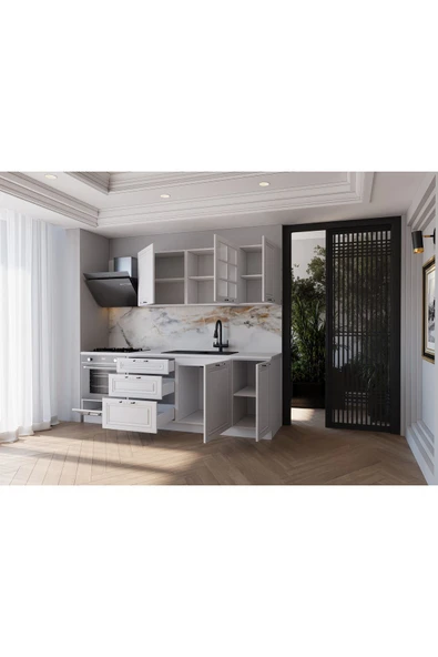 visasconcept 220 Cm Mdf Gövde Mebran Kapak Üç Çekmeceli Gale Hazır Mutfak - Beyaz(TEZGAH DAHİL) - 2