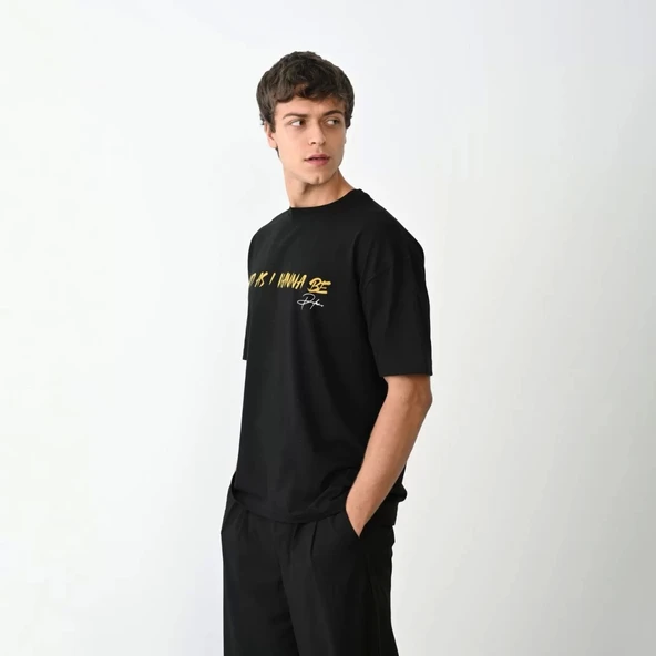 Unisex Bisiklet Yaka Baskılı Oversize T-Shirt - Siyah - Resim 3