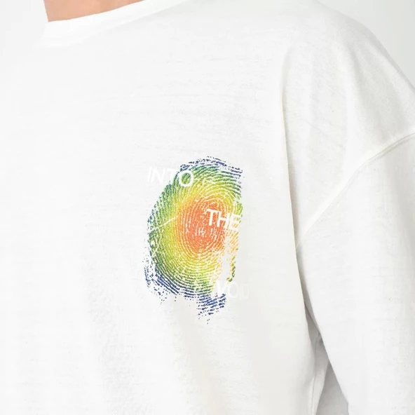 Unisex Bisiklet Yaka Baskılı Oversize T-Shirt - Beyaz - Resim 4