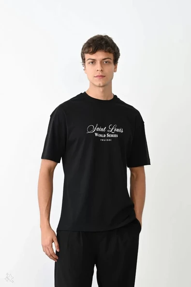 Unisex Bisiklet Yaka Baskılı Oversize T-Shirt - Siyah ürün görseli