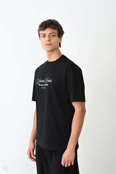 Unisex Bisiklet Yaka Baskılı Oversize T-Shirt - Siyah - Resim 3