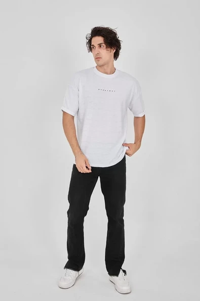 Unisex Jakar Kumaş Rahat Kol T-Shirt - Beyaz - Resim 5