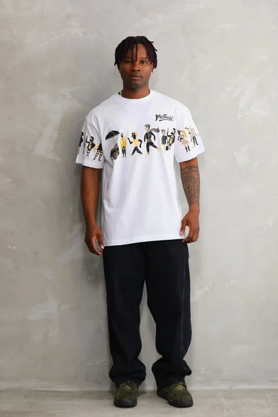 Unisex Bisiklet Yaka Baskılı Oversize T-Shirt - Beyaz - Resim 6