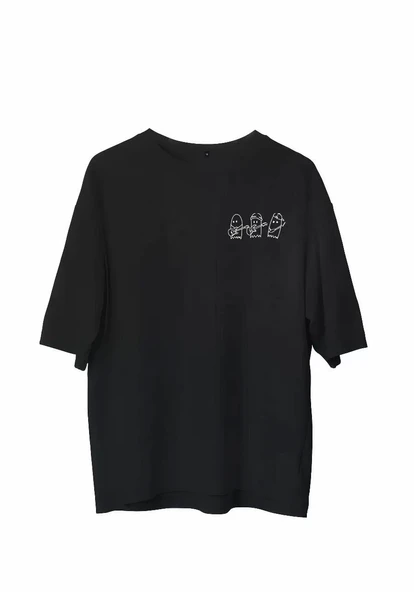 Unisex Bisiklet Yaka Baskılı Oversize T-Shirt - Siyah ürün görseli