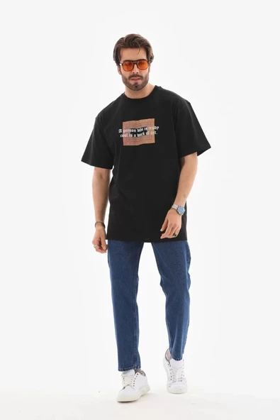 Unisex Bisiklet Yaka Baskılı Oversize T-Shirt - Siyah ürün görseli
