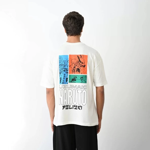 Unisex Bisiklet Yaka Baskılı Oversize T-Shirt - Beyaz - Resim 5