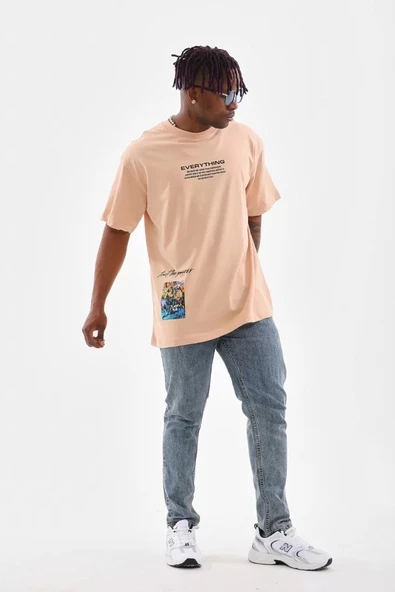 Unisex Bisiklet Yaka Baskılı Oversize T-Shirt - Bej - Resim 6