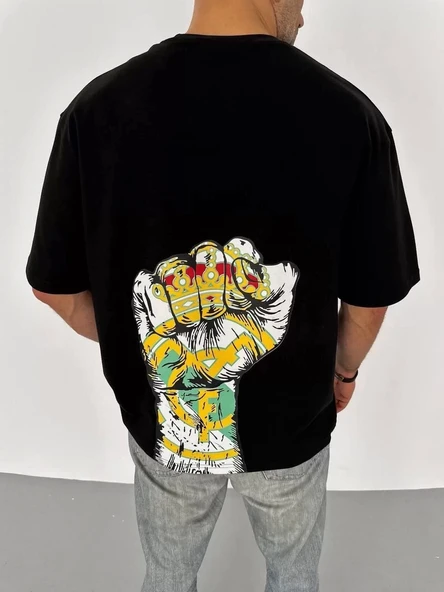 Unisex Bisiklet Yaka Baskılı Oversize T-Shirt - Siyah - 3