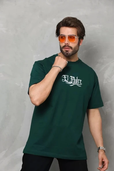 Unisex Bisiklet Yaka Baskılı Oversize T-Shirt - Yeşil - 6