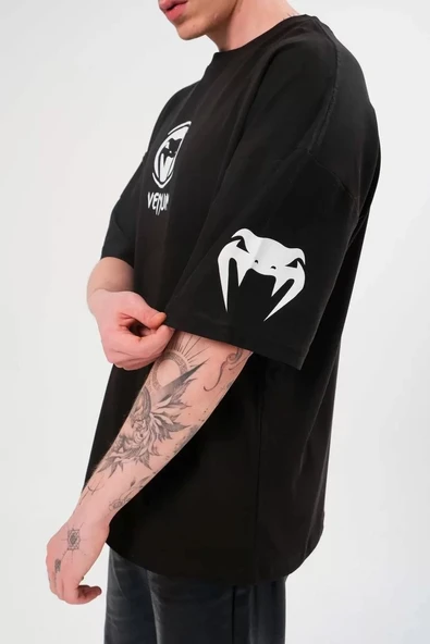 Unisex Bisiklet Yaka Baskılı Oversize T-Shirt - Siyah - Resim 3