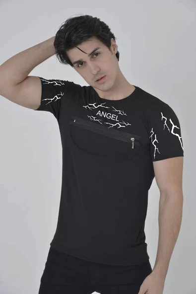 Unisex Göğüs Fermuarlı Baskılı T-Shirt - Siyah - 1