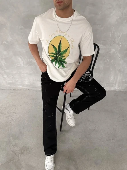 Ön ve Arka Baskılı Oversize Bisiklet Yaka T-shirt- Beyaz - Resim 3