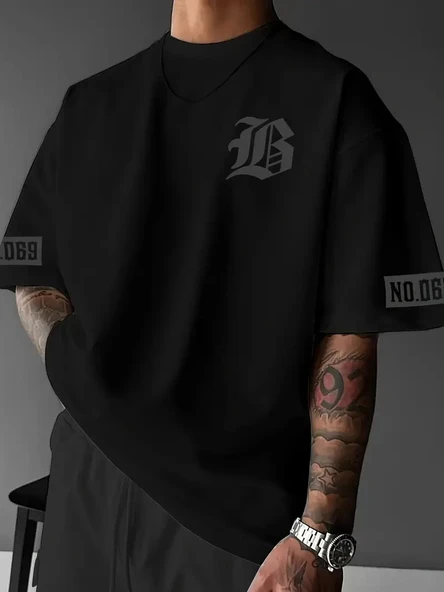 LB Ön Arka Baskılı Oversize Bisiklet Yaka Yazlık T-shirt - Siyah ürün görseli