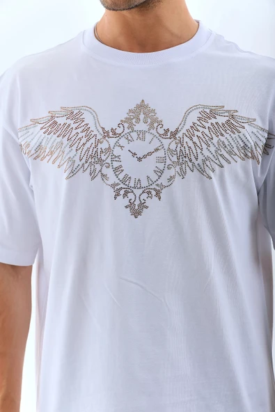 Unisex Oversize Taşlı Bisiklet Yaka T-Shirt - Beyaz ürün görseli