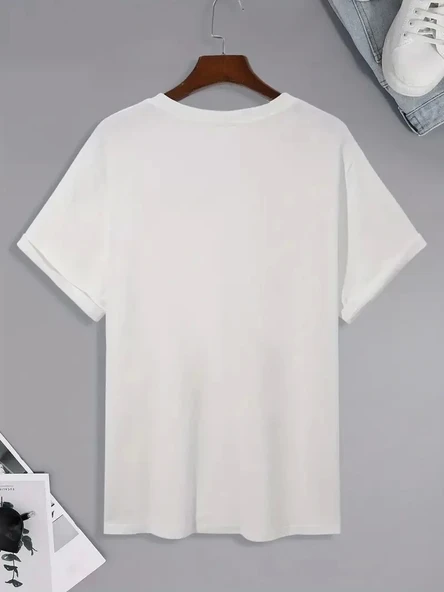 20/1 Penye Compack Uçak Baskılı Oversize Bisiklet Yaka Kısa Kol T-shirt - Beyaz - Resim 4