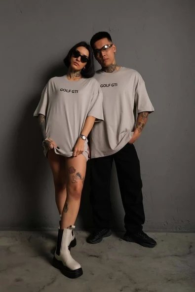 Erkek Sırt Golf Baskılı Oversize T-shirt - Gri - Resim 2