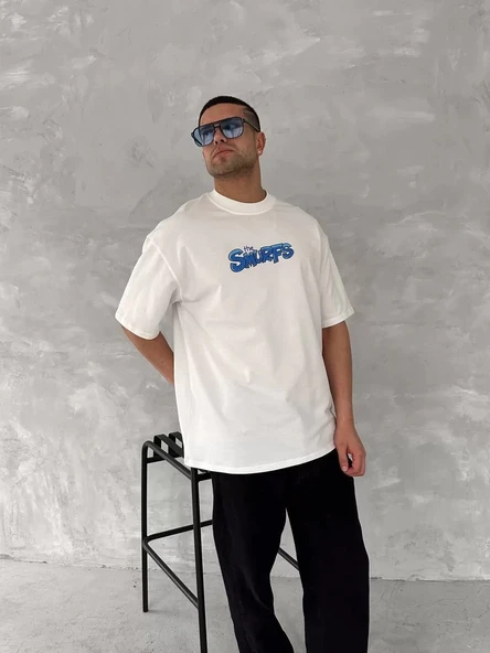 Ön ve Arka Baskılı Oversize Bisiklet Yaka T-shirt- Beyaz - Resim 3