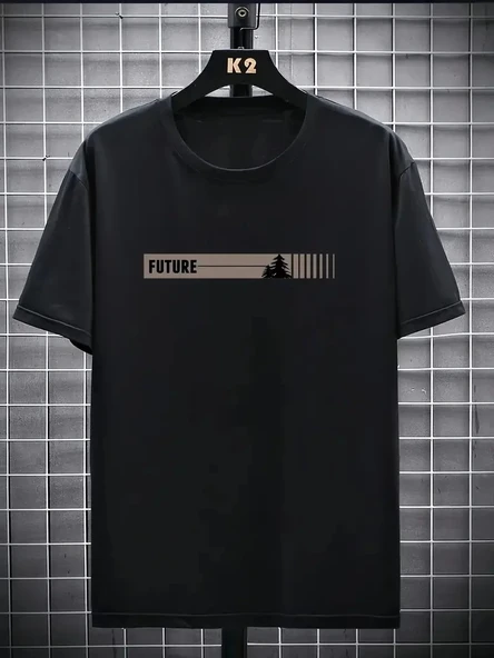 20/1 Penye Compack FUTRE Baskılı Oversize Kısa Kol Bisiklet Yaka T-shirt - Siyah ürün görseli