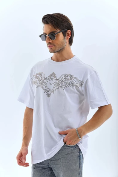 Unisex Oversize Taşlı Bisiklet Yaka T-Shirt - Beyaz - Resim 6