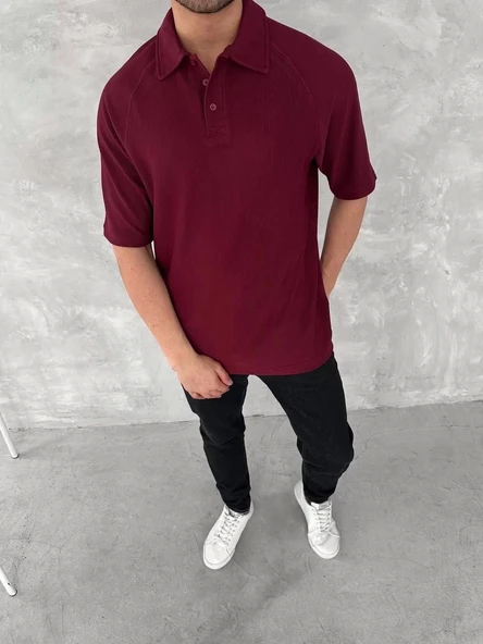 Yakalı Patlı Kısa Kol T-shirt - Bordo - Resim 3