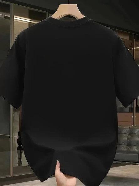 Pembe Panter Baskılı Erkek Oversize Günlük Kısa Kollu Tişört İlkbahar ve Yaz için Mükemmeldir - Siyah - Resim 2