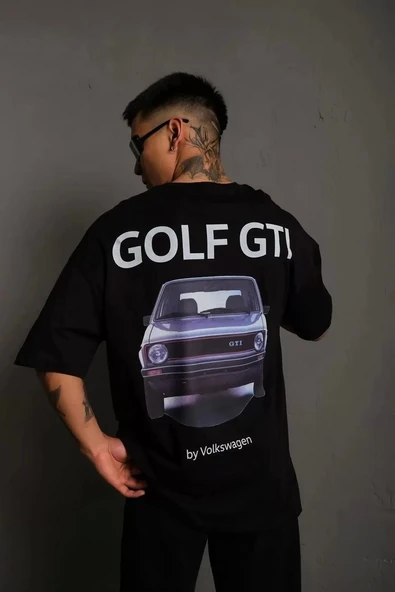 Erkek Sırt Golf Baskılı Oversize T-shirt - Siyah ürün görseli