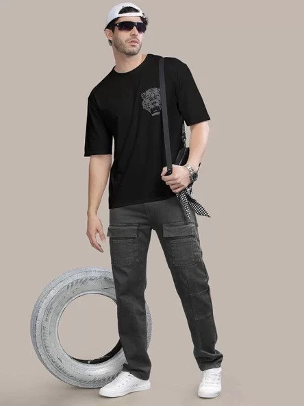 Erkek Baskılı Oversize T-shirt - Siyah - Resim 4