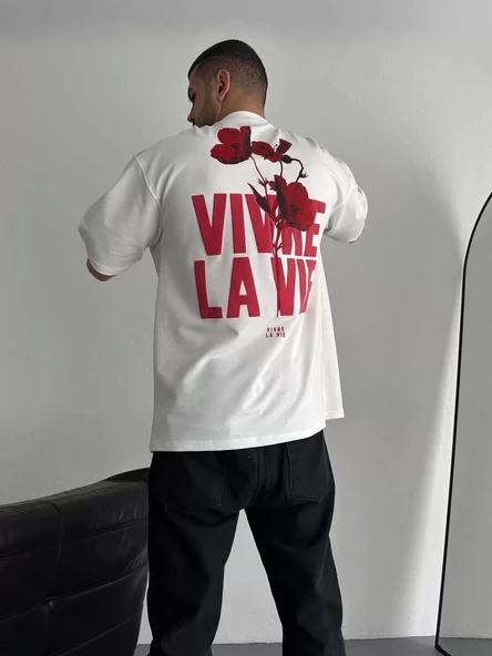 Baskılı Oversize Bisiklet Yaka T-shirt - Beyaz - Resim 3