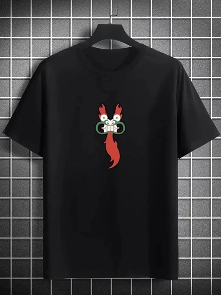 Unisex Bisiklet Yaka Baskılı Oversize T-Shirt - Siyah ürün görseli