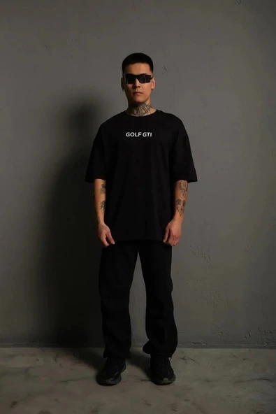 Erkek Sırt Golf Baskılı Oversize T-shirt - Siyah - Resim 3