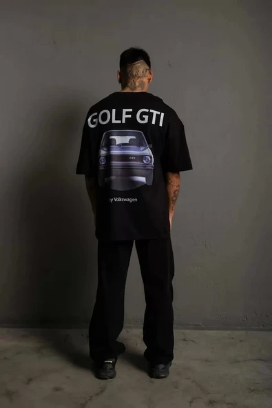 Erkek Sırt Golf Baskılı Oversize T-shirt - Siyah - Resim 2